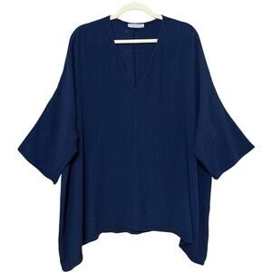 Bryn Walker BAX Gauze Tunic XL Navy Blue Cotton Boxy Lagenlook V-Neck Top